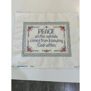 Vtg 80s Cross Stitch Sampler Linen Peace Of God Cottage Shabby Ready To …